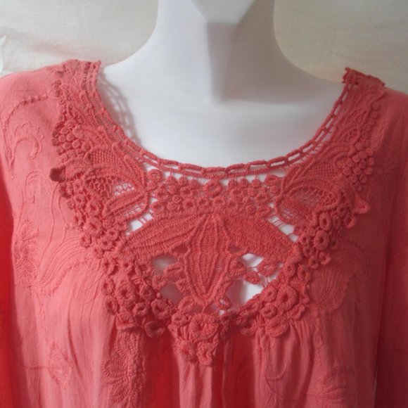 Tunic Top Blouse Size L LARGE XCVI Coral Gauzy Cotton Crochet Hem Embroidered - Picture 2 of 8